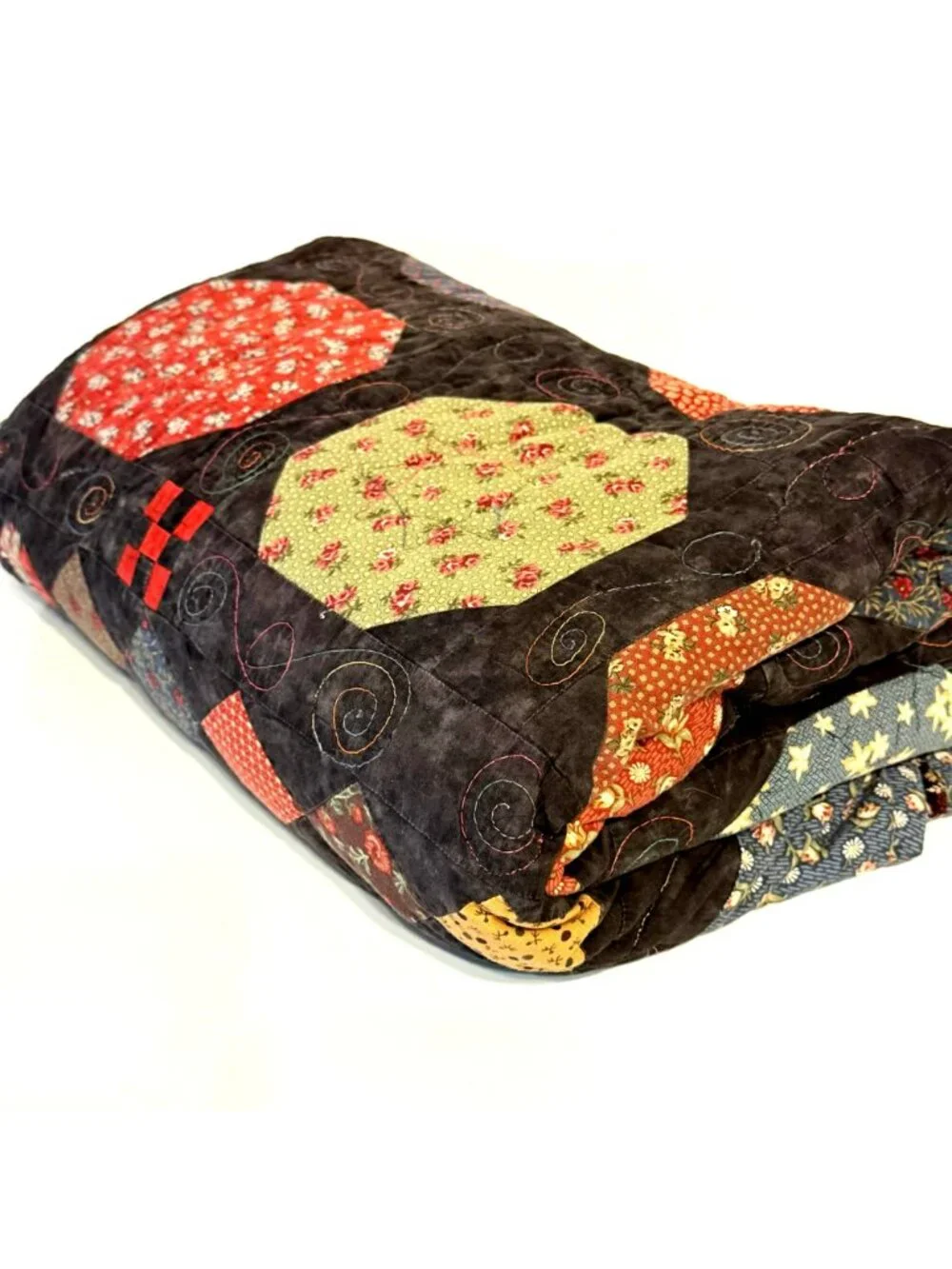 Handmade Patchwork Quilt 88x70 Snowball Floral Geometric Brown Red Blue Vintage